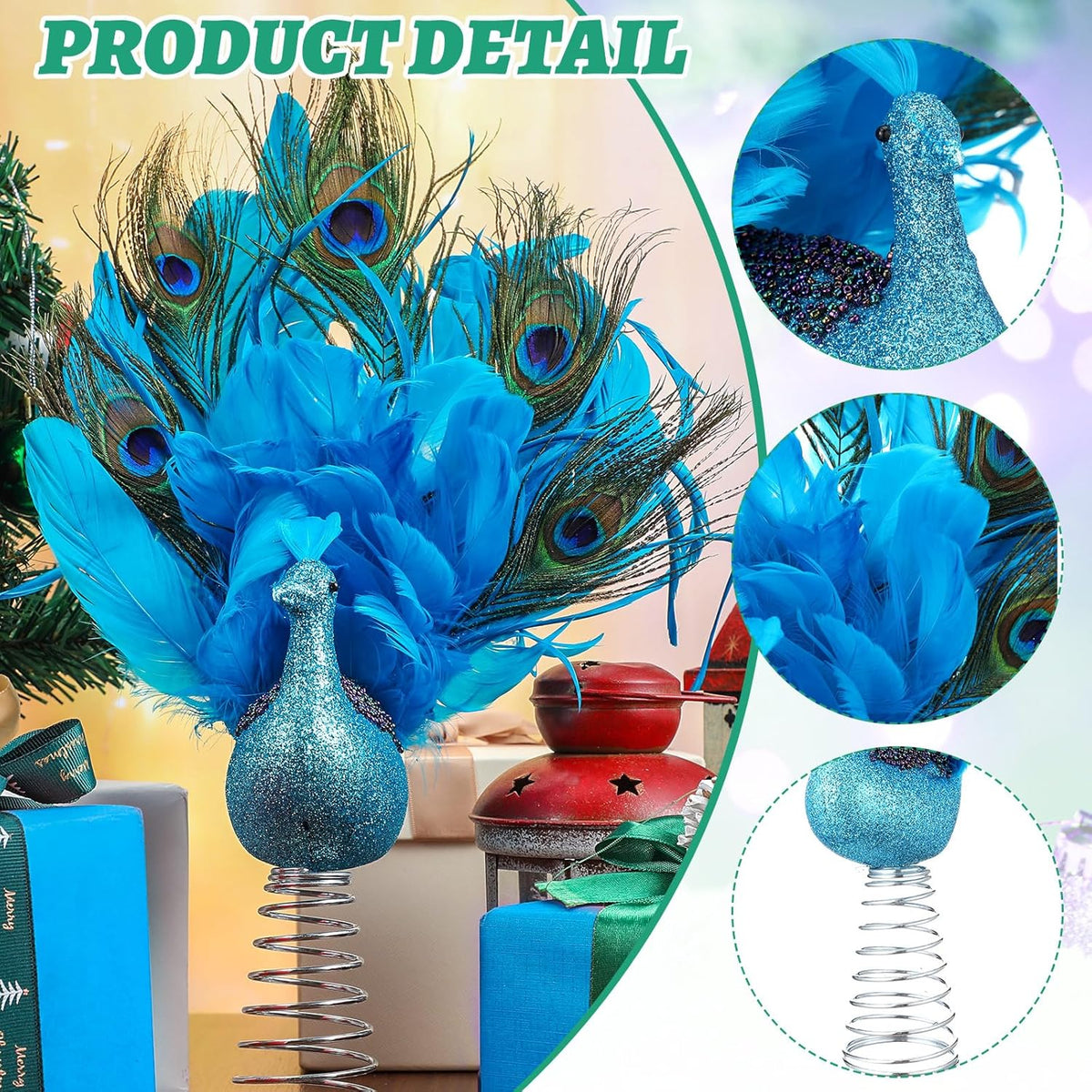 Retisee 15-Inch Christmas Peacock Tree Topper - Artificial Feather Glitter Blue Ornament for Indoor