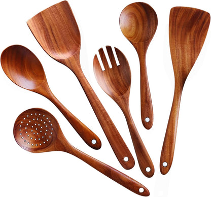 6-Piece Acacia Wood Cooking Utensil Set – Wooden Kitchen Pan Toolset for Nonstick Cookware