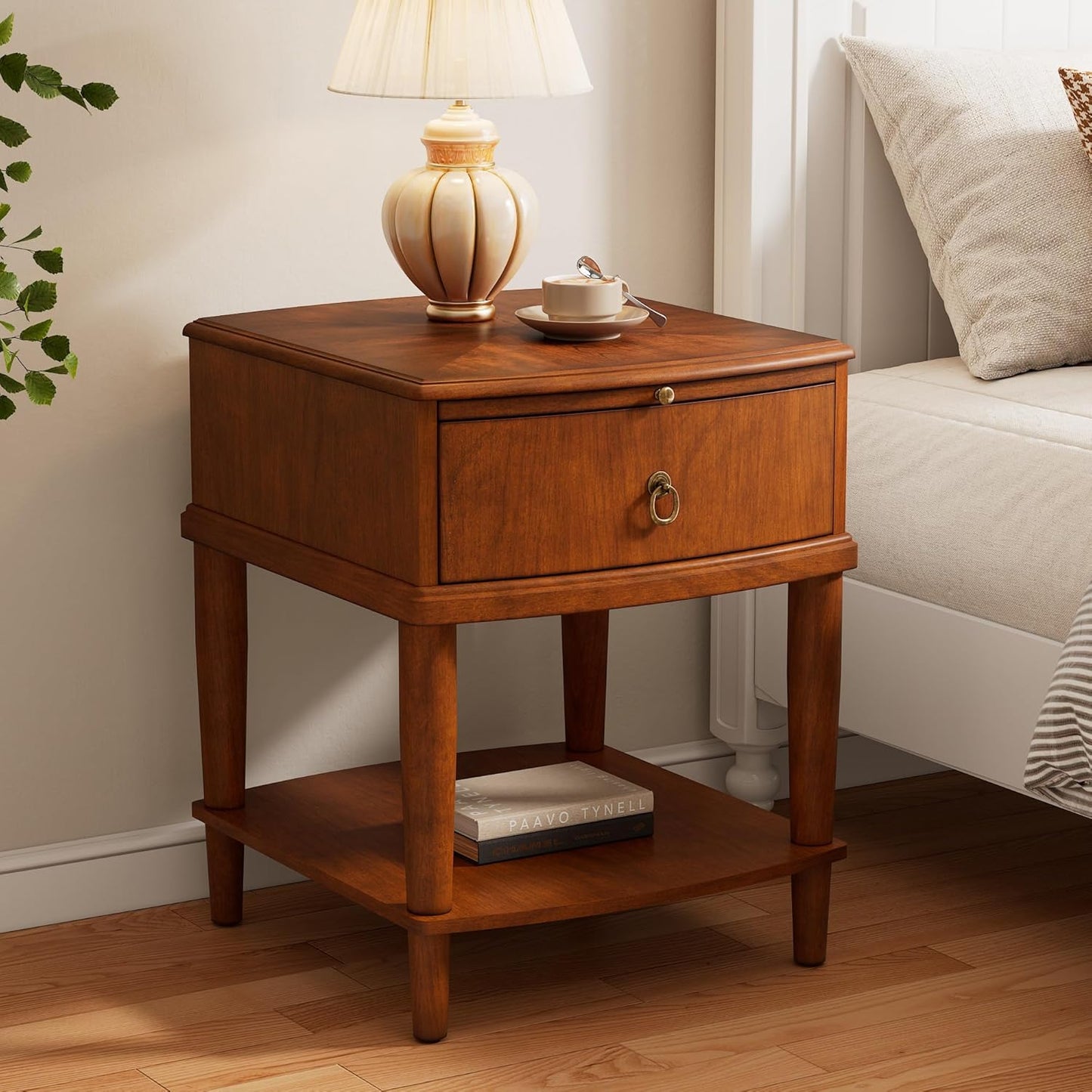 2 Tier Solid Wood Square End Table with Drawer, Wooden Sofa Side Table with Sliding Shelf & Lower