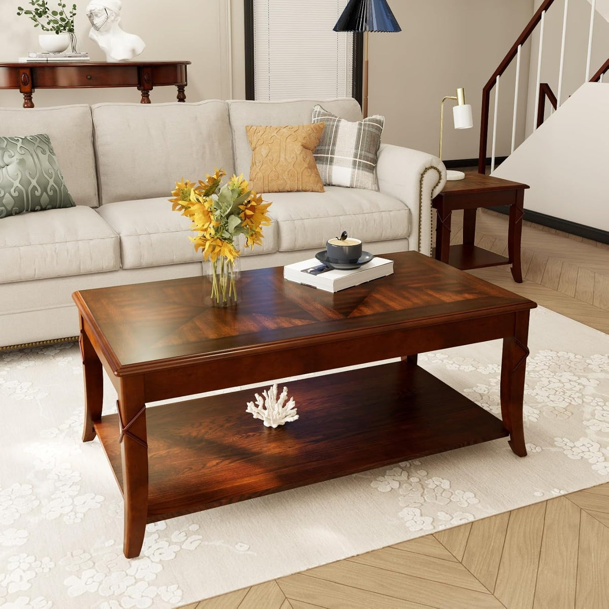 Solid Wood Coffee Table with Storage Shelf, Mid-Century Living Room Tables with Carved Tabletop and