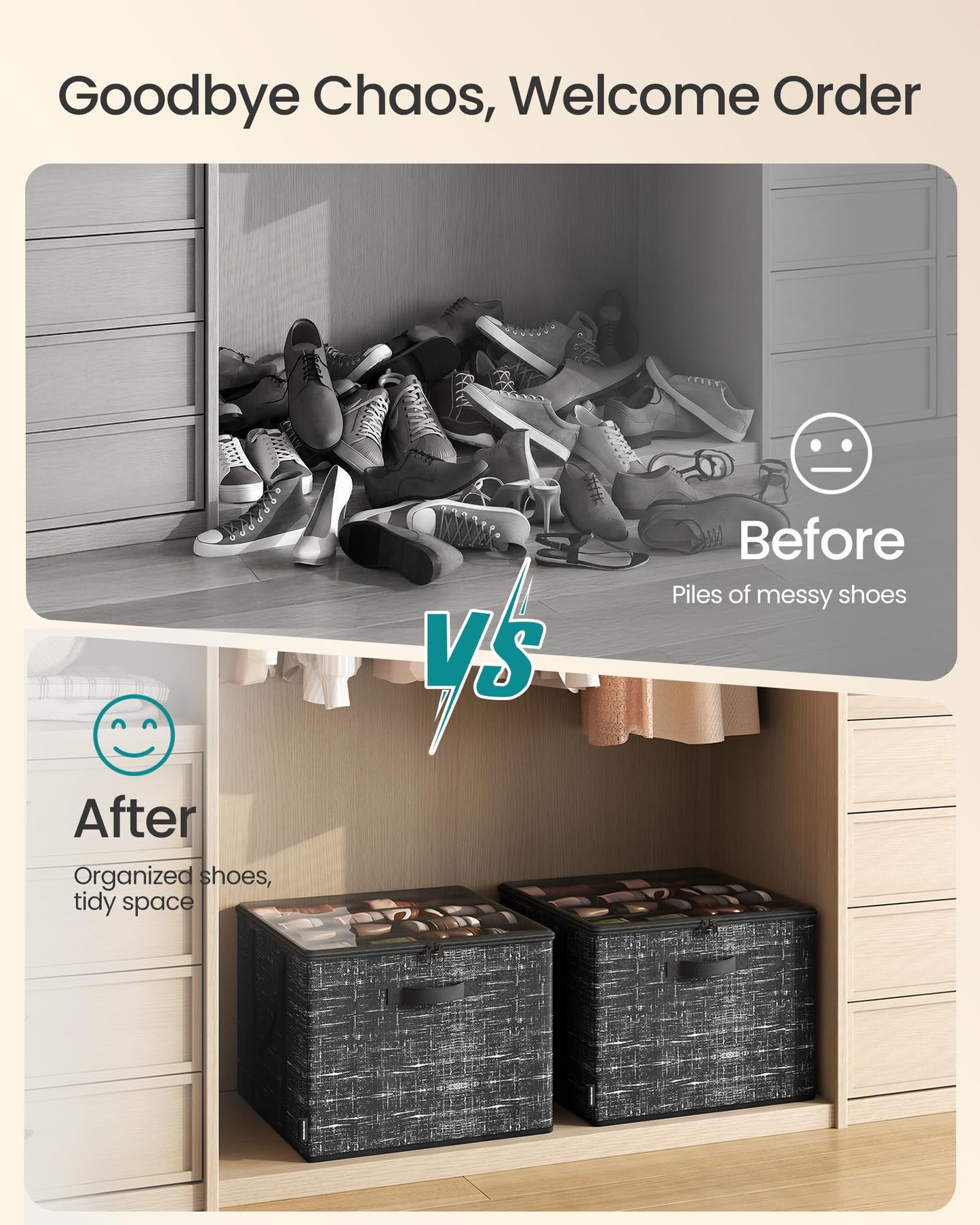 SONGMICS Shoe Organizer for Closet, Shoe Storage Box with Clear Lid, Foldable Fabric Bins, Holds 16