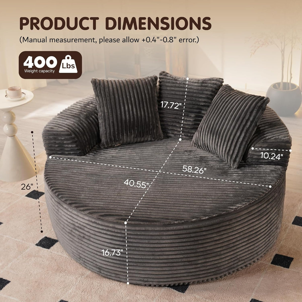 ovios 58" Oversized Round Chair Lounge Chaise Indoor, No Assembly Required, Cloud Large Circle