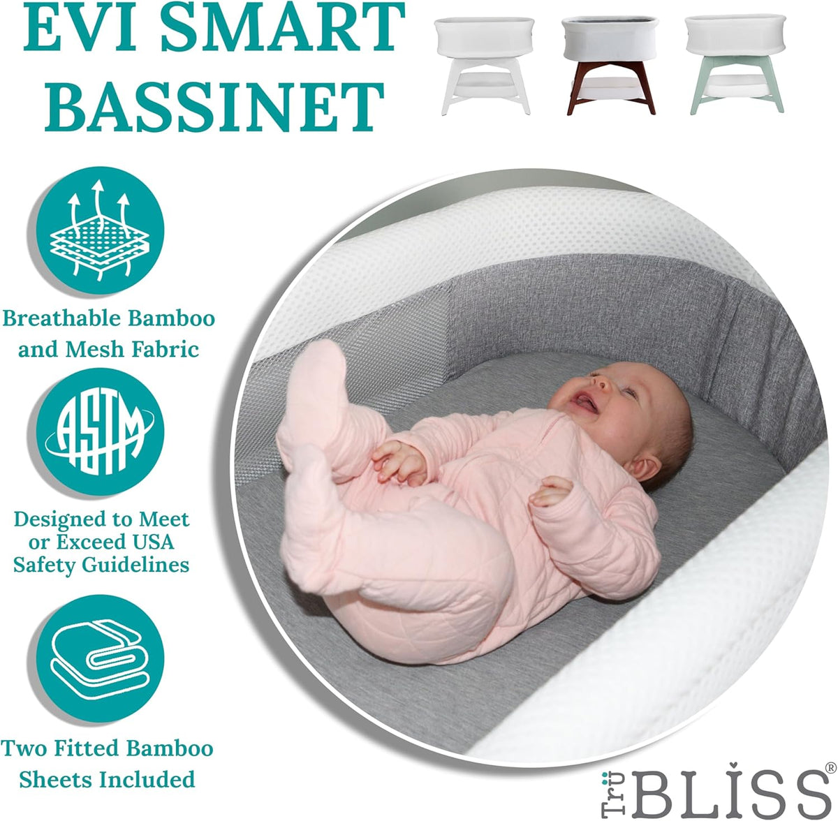 Evi Smart Baby Bassinet Beside Sleeper with Auto-Glide, Ambient Nightlight & Sensory Sounds