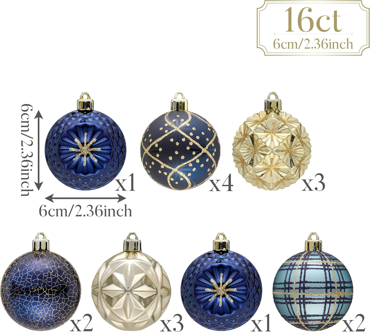 Valery Madelyn Ornaments for Christmas Trees, 16ct 2.36 Inches Blue and Gold Shatterproof Christmas