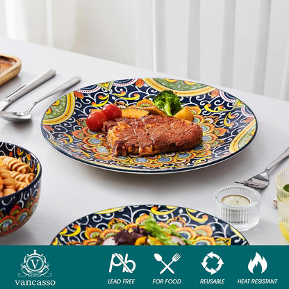 vancasso 12 Pieces Dinnerware Sets, Dark Green Plates and Bowls Set, Porcelain Dishes Set for 4