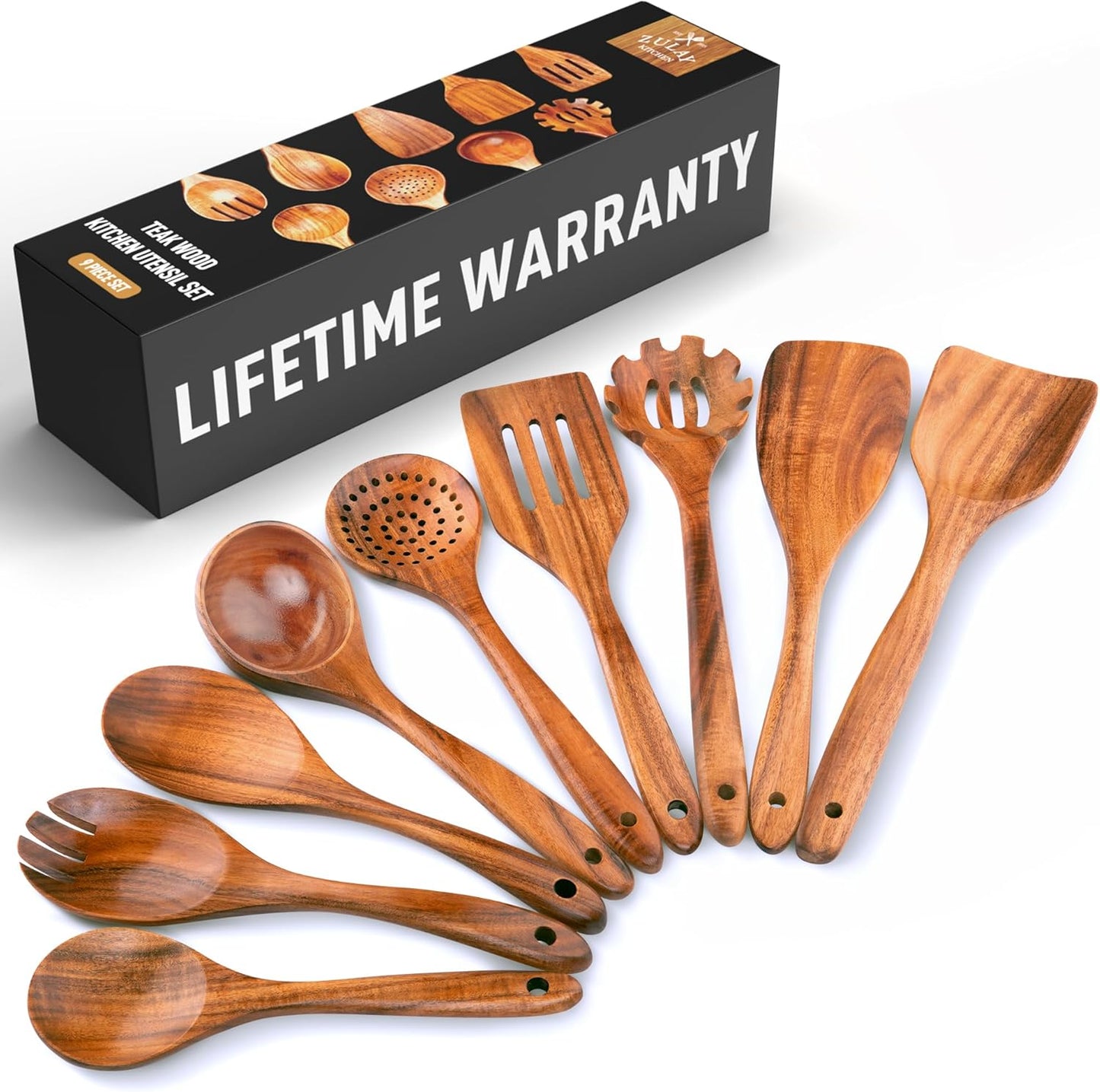 Zulay Kitchen 9-Piece Teak Wooden Utensils for Cooking - Smooth Finish Natural Teak Utensil Set