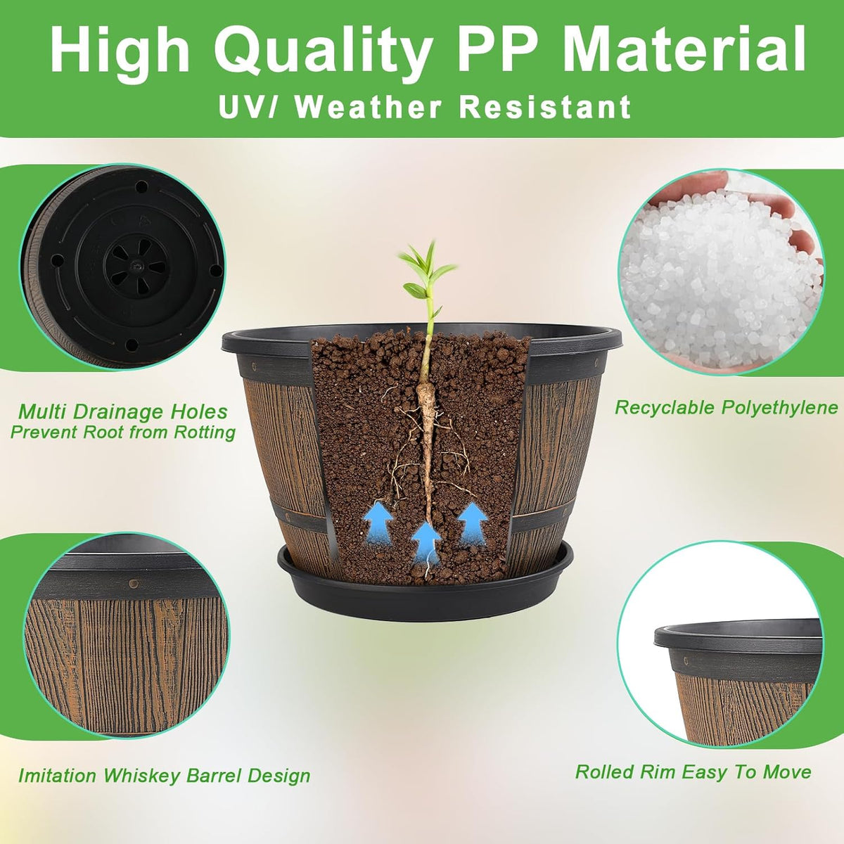 16-inch-Plant-Pots-Indoor-Outdoor, 4 Pack Large Whiskey Barrel Planters with Drainage Holes &