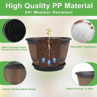16-inch-Plant-Pots-Indoor-Outdoor, 4 Pack Large Whiskey Barrel Planters with Drainage Holes &