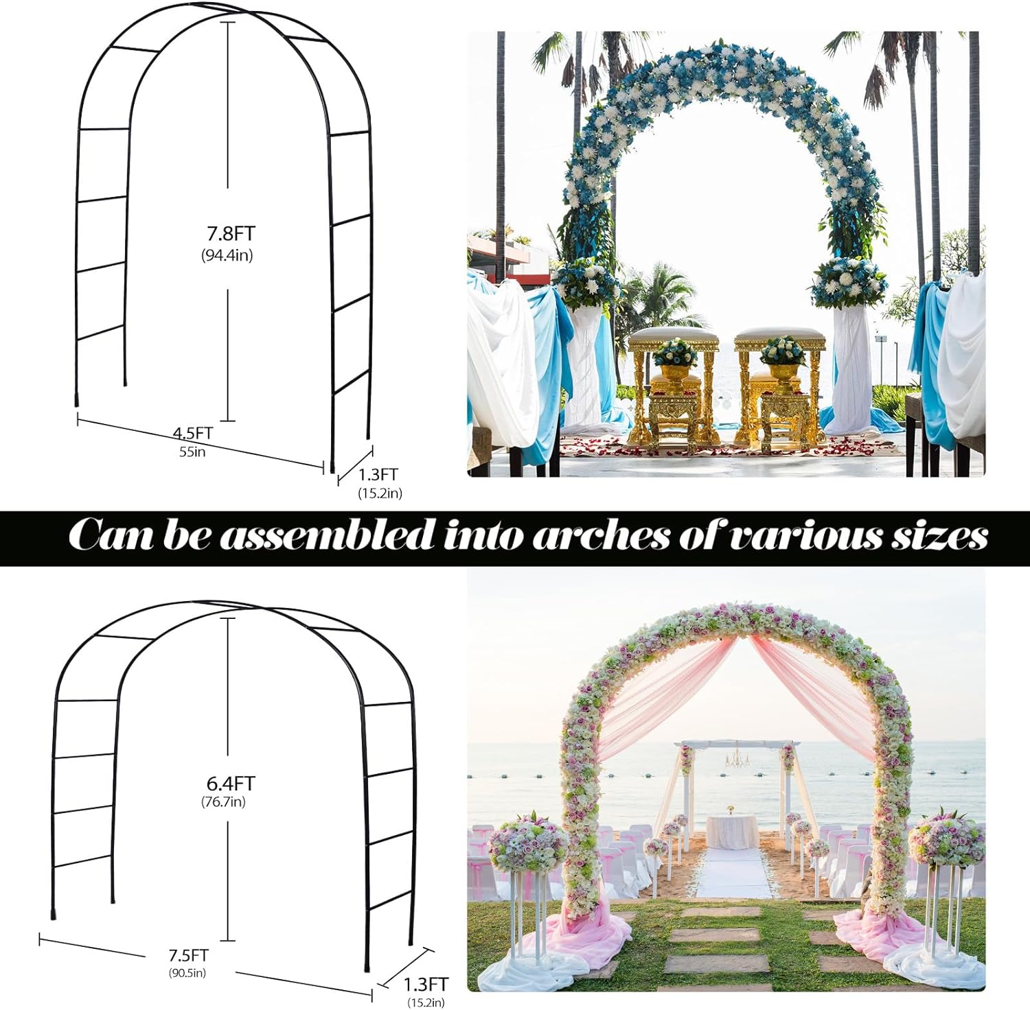 Thickened Rustproof Garden Arch, Wedding Arch- 4.6 * 7.8 or 6.4 * 7.5Ft, Easy to Assemble, Long