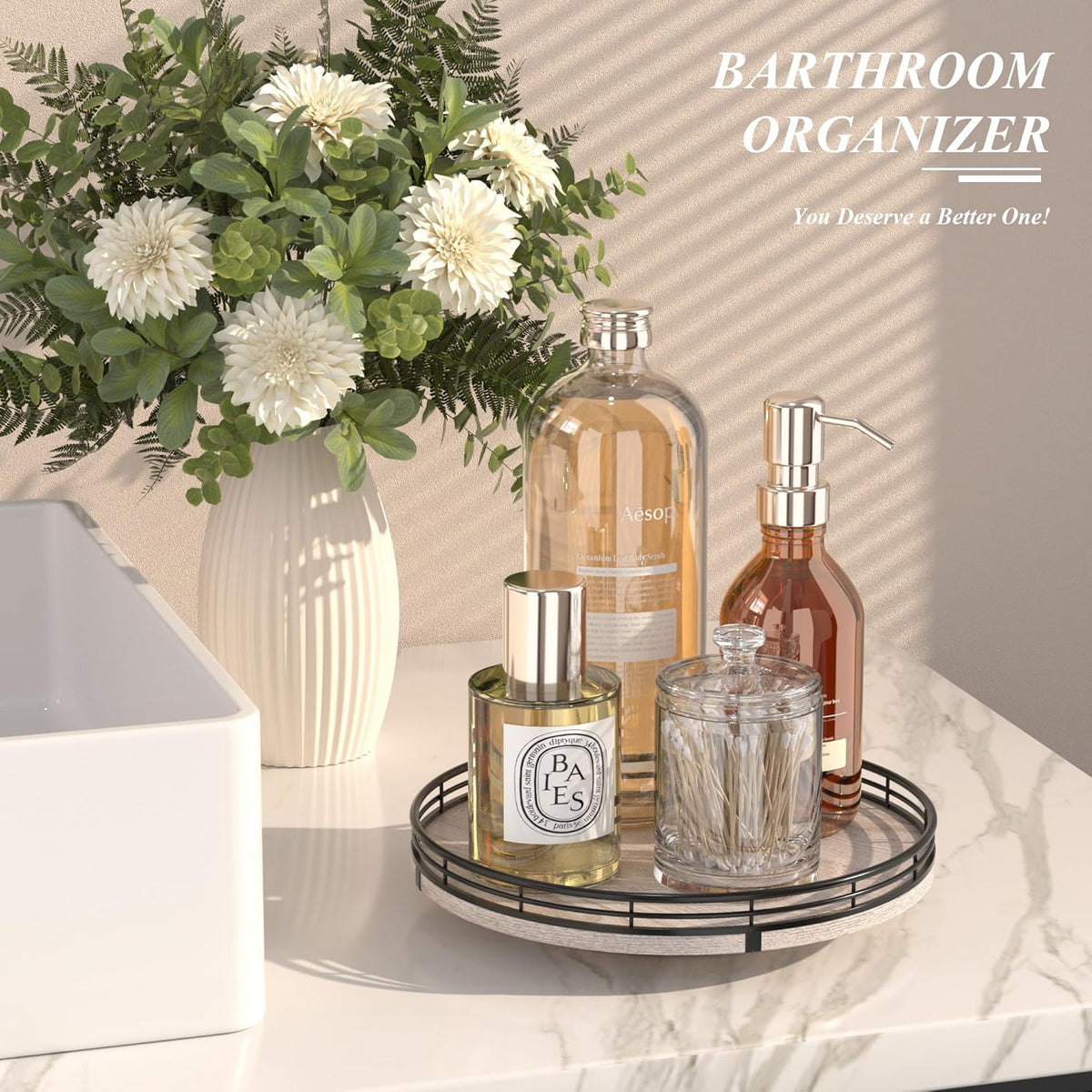 10" Oak Bathroom Vanity Tray Turntable for Perfume Candle, Round Wooden Decorative Tray for Kitchen