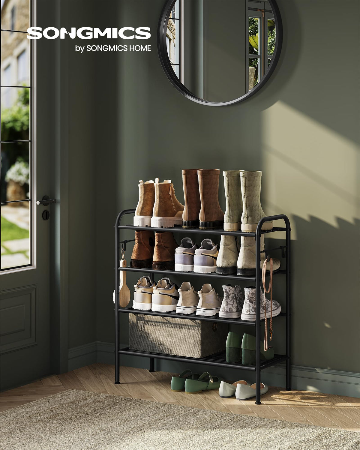 SONGMICS Shoe Rack, 4-Tier Shoe Organizer, Metal Shoe Shelf Storage with 4 Side Hooks, Holds 15