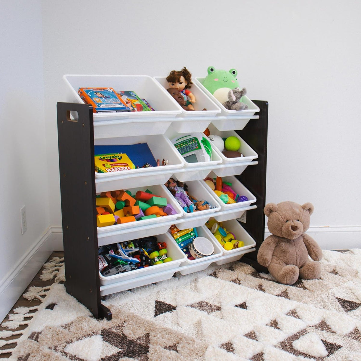 Humble Crew Kids Toy Storage Organizer with 12 Plastic Bins, Espresso/White – Removable Bins for