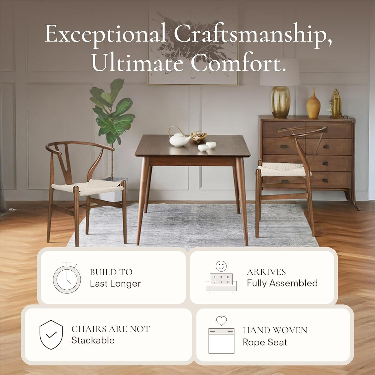 POLY & BARK Weave Dining Chairs – Mid-Century Modern Wishbone Dining Chairs with Arms, Solid Wood
