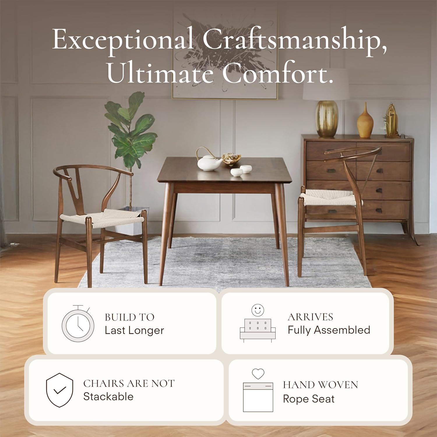 POLY & BARK Weave Dining Chairs – Mid-Century Modern Wishbone Dining Chairs with Arms, Solid Wood