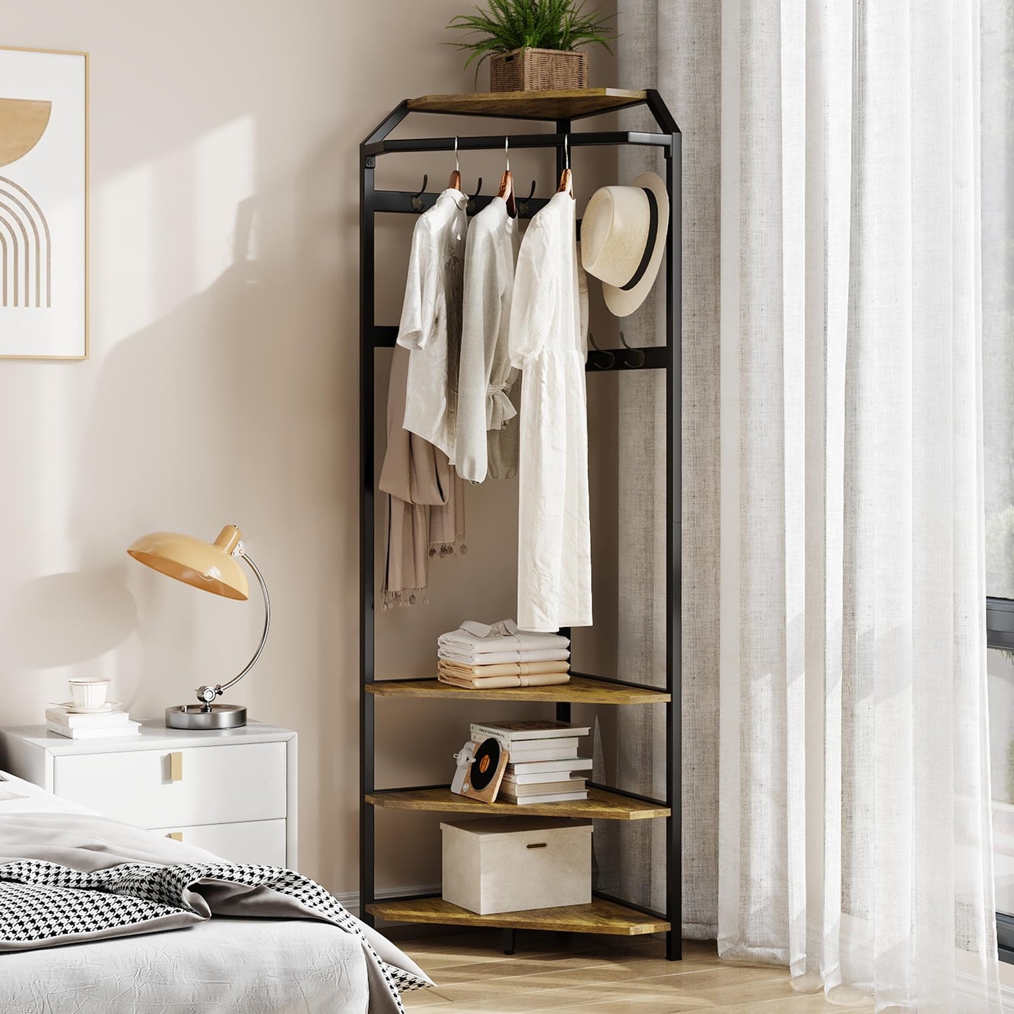 IDEALHOUSE Corner Coat Rack With Shoe Bench and 6 Double Hooks, Corner Hall Tree - Clothes Rack
