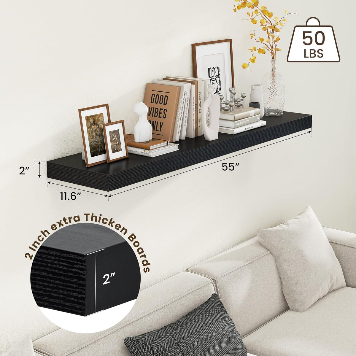 Black Floating Shelves for Wall - 55 Inch Wide x 12 Inch Deep Wall Shelves Set of 1 - Rustic Black
