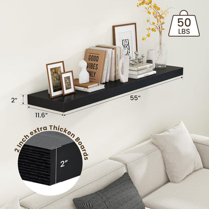 Black Floating Shelves for Wall - 55 Inch Wide x 12 Inch Deep Wall Shelves Set of 1 - Rustic Black