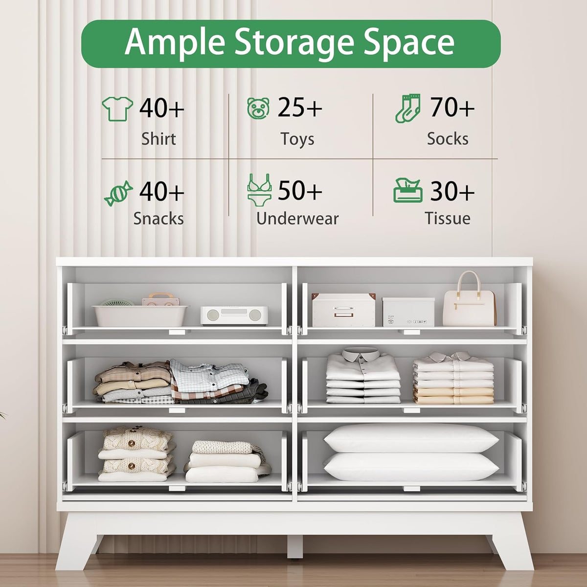Fluted Dresser for Bedroom with 6 Drawers, 48" Wide Modern Chest of Drawers with Metal Handle