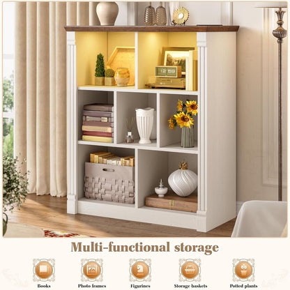 EnHomee 7 Cube Storage Organizer with LED Light and Charging Station Wood Cube Shelf White