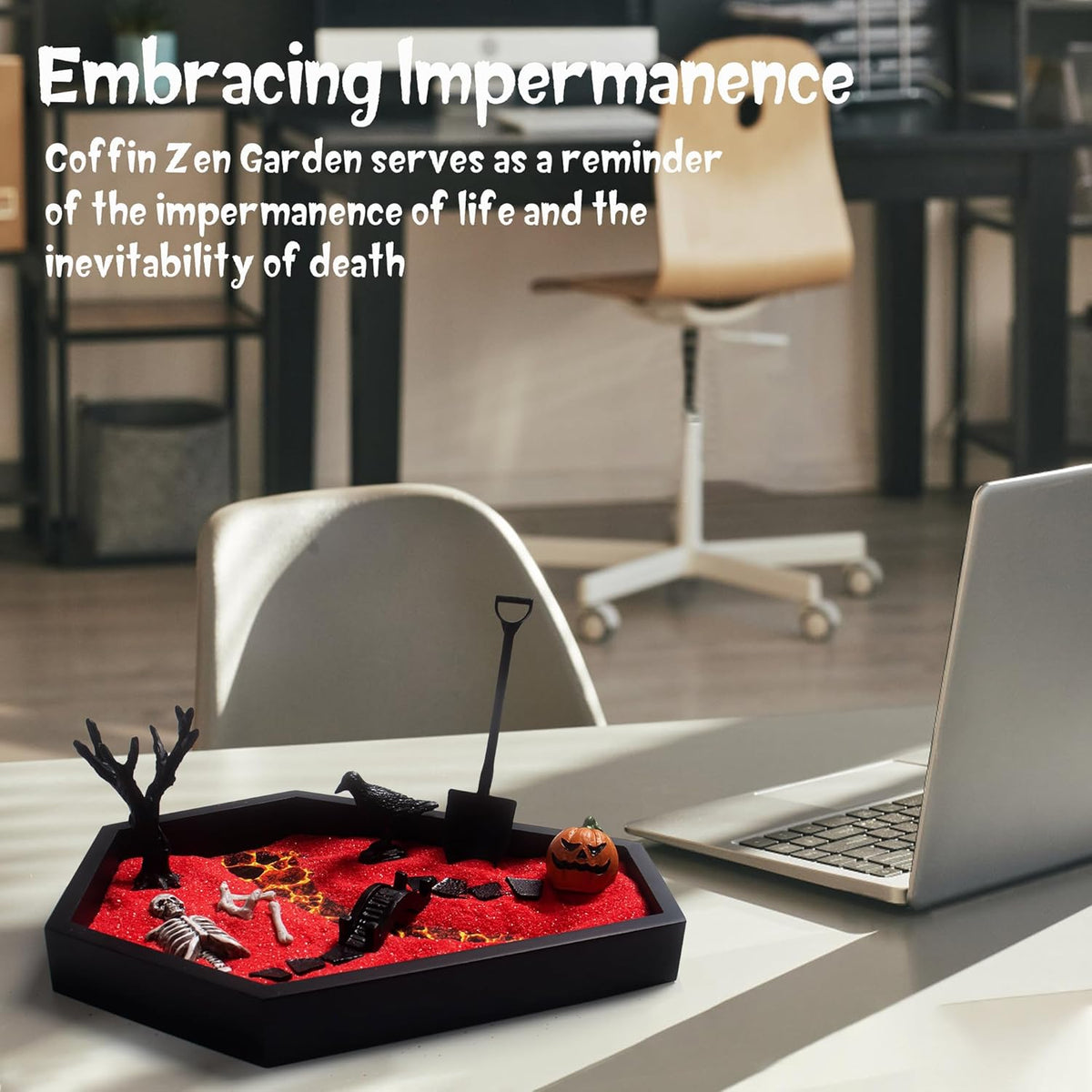 Coffin Zen Garden for Desk 7" x 9" Mini Zen Garden Kit Accessories for Office Coffin Spooky Decor