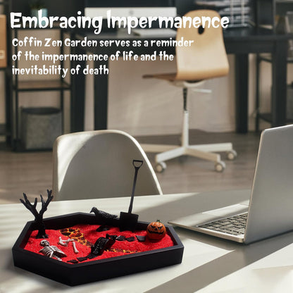 Coffin Zen Garden for Desk 7" x 9" Mini Zen Garden Kit Accessories for Office Coffin Spooky Decor