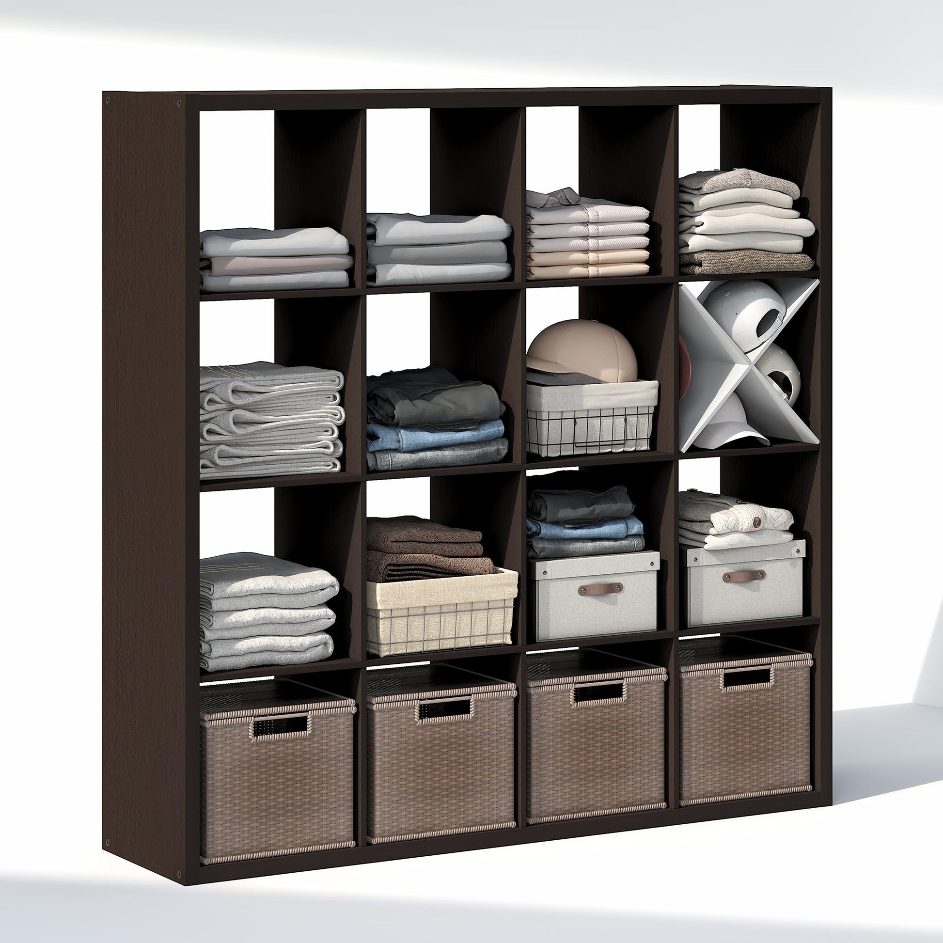 Furinno Cubic Extra Thick 16-Cube Closet Organizers and Storage, Dark Oak