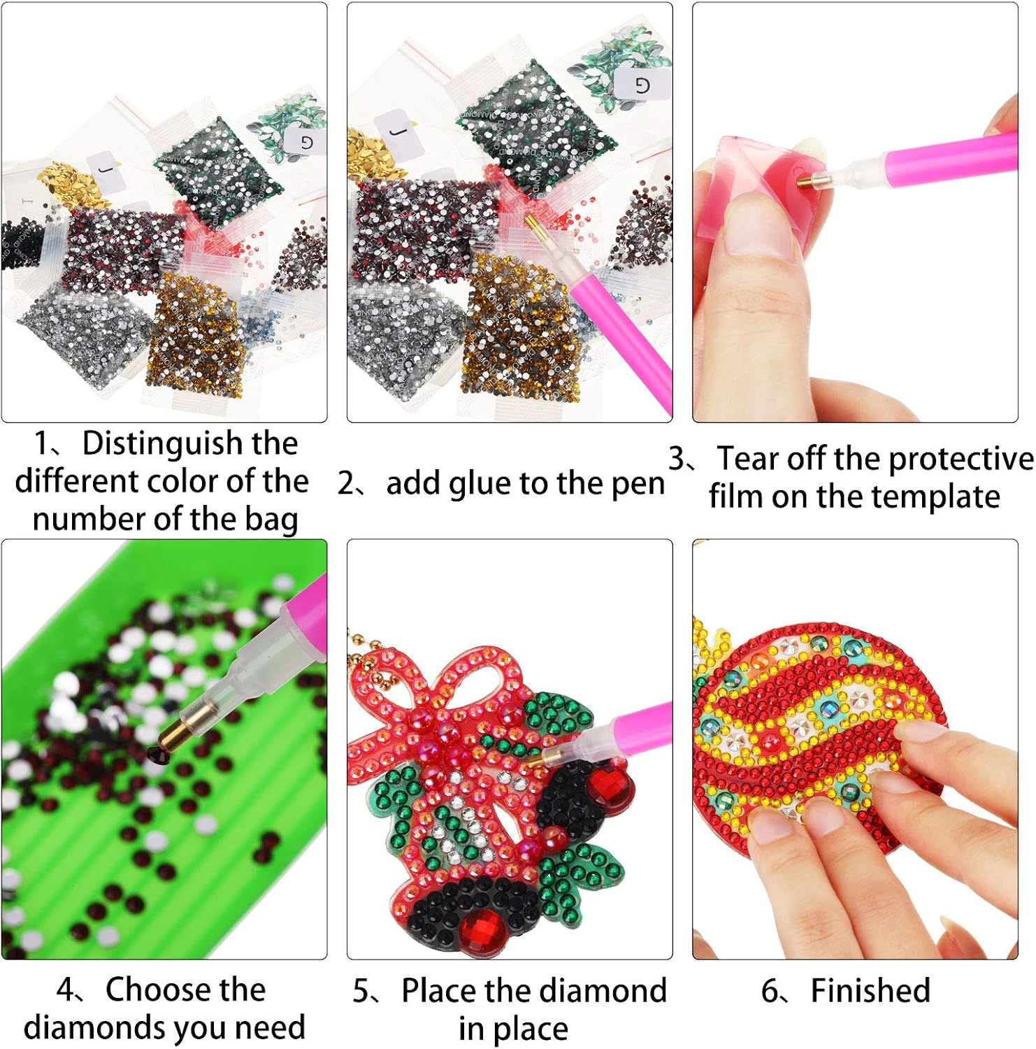 Yaomiao 17 Pieces Double Sided Diamond Art Christmas Ornaments Christmas Keychains Diamond Art Kit