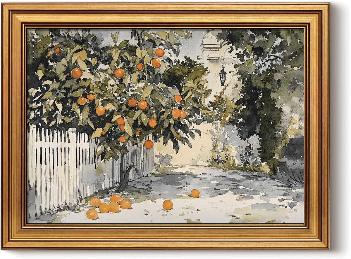 HUARCEY Gold Framed Vintage Wall Art for Living Room Country Orange Trees Earthy Room Decor