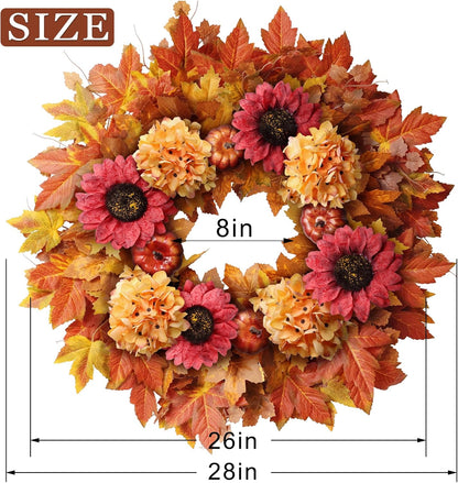 28'' Large Fall Wreath for Front Door, Porch, Window- Artificial Maple Leaves Faux Sunflower