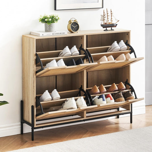 IDEALHOUSE Rattan Shoe Storage Cabinet with 4 Flip Drawers, Freestanding Shoe Organizer with