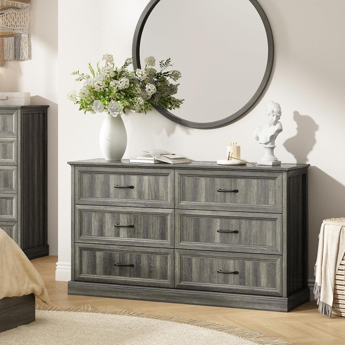 Farmhouse 6 Drawer Dresser for Bedroom, 55 Inch Wide Modern Grey Dresser TV Stand with Large
