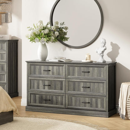 Farmhouse 6 Drawer Dresser for Bedroom, 55 Inch Wide Modern Grey Dresser TV Stand with Large