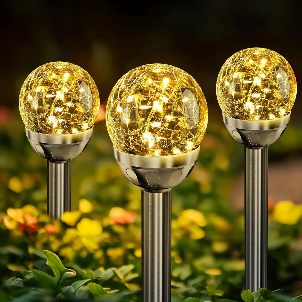 SOLPEX Solar Garden Lights String - 3 Pack Warm White, Solar Powered Cracked Glass Ball, Waterproof