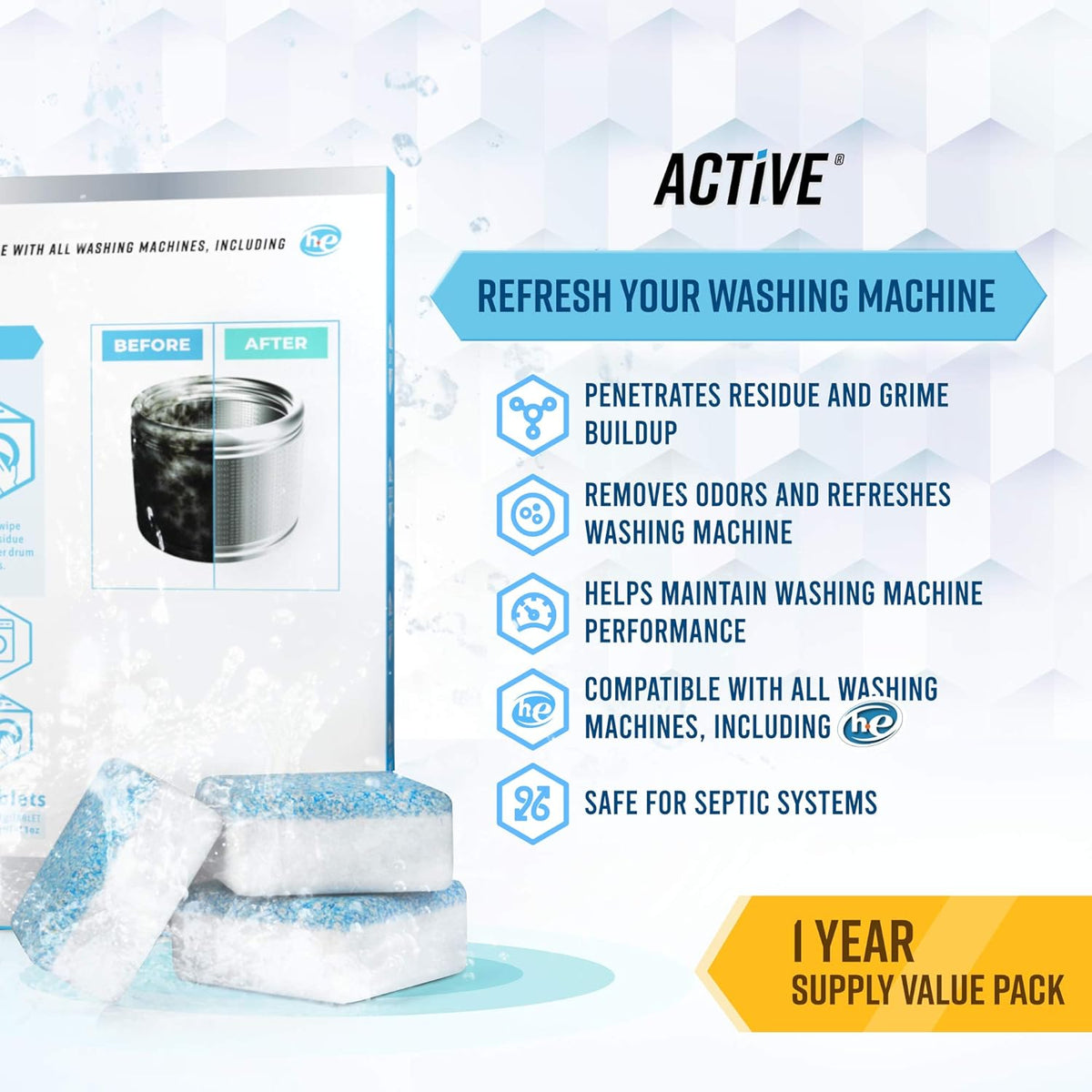 Washing Machine Cleaner Descaler 24 Pack - Deep Cleaning Tablets For HE Front Loader & Top Load