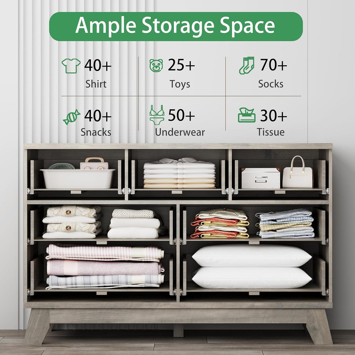 Fluted Dresser for Bedroom with 7 Drawers, 48" Wide Modern Chest of Drawers with Metal Handle, Wood
