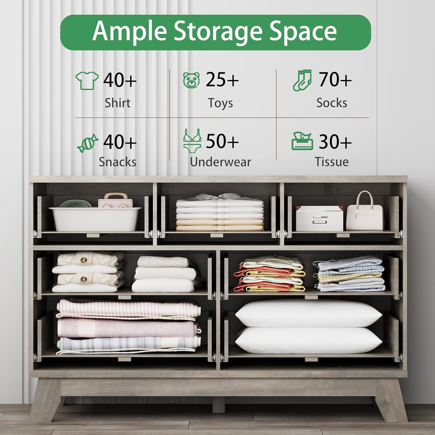 Fluted Dresser for Bedroom with 7 Drawers, 48" Wide Modern Chest of Drawers with Metal Handle, Wood