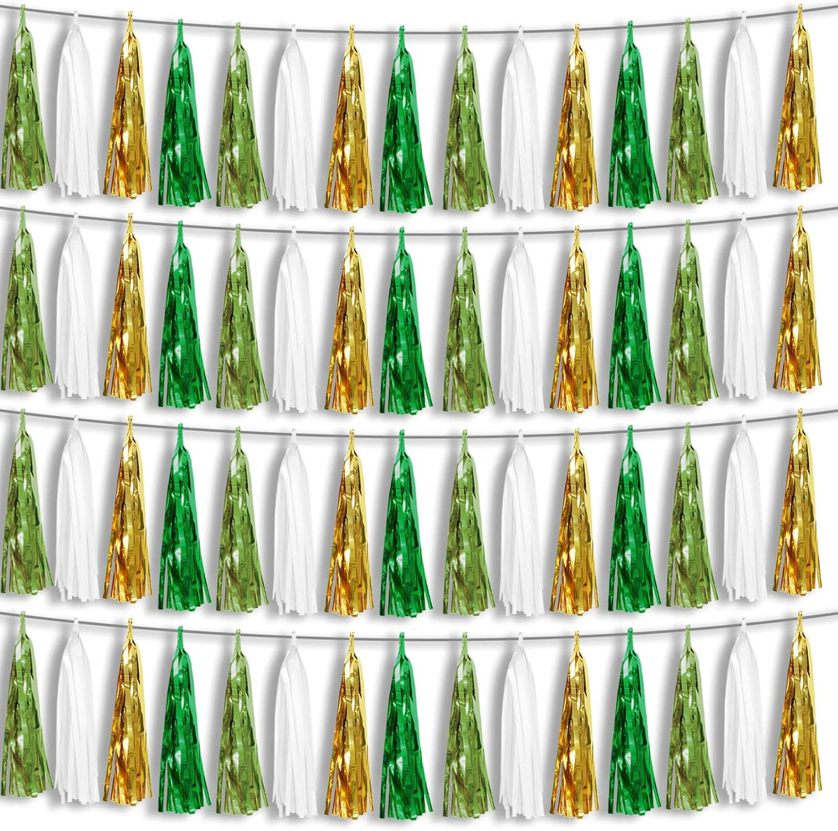 4P Sage-Green Beige-Mint Gold Foil Fringe Metallic Tassel Garland Banner, Tassels Banner Streamers
