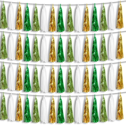 4P Sage-Green Beige-Mint Gold Foil Fringe Metallic Tassel Garland Banner, Tassels Banner Streamers