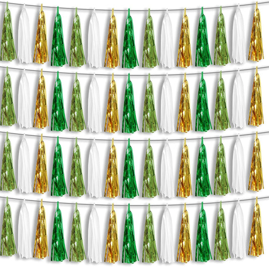 4P Sage-Green Beige-Mint Gold Foil Fringe Metallic Tassel Garland Banner, Tassels Banner Streamers