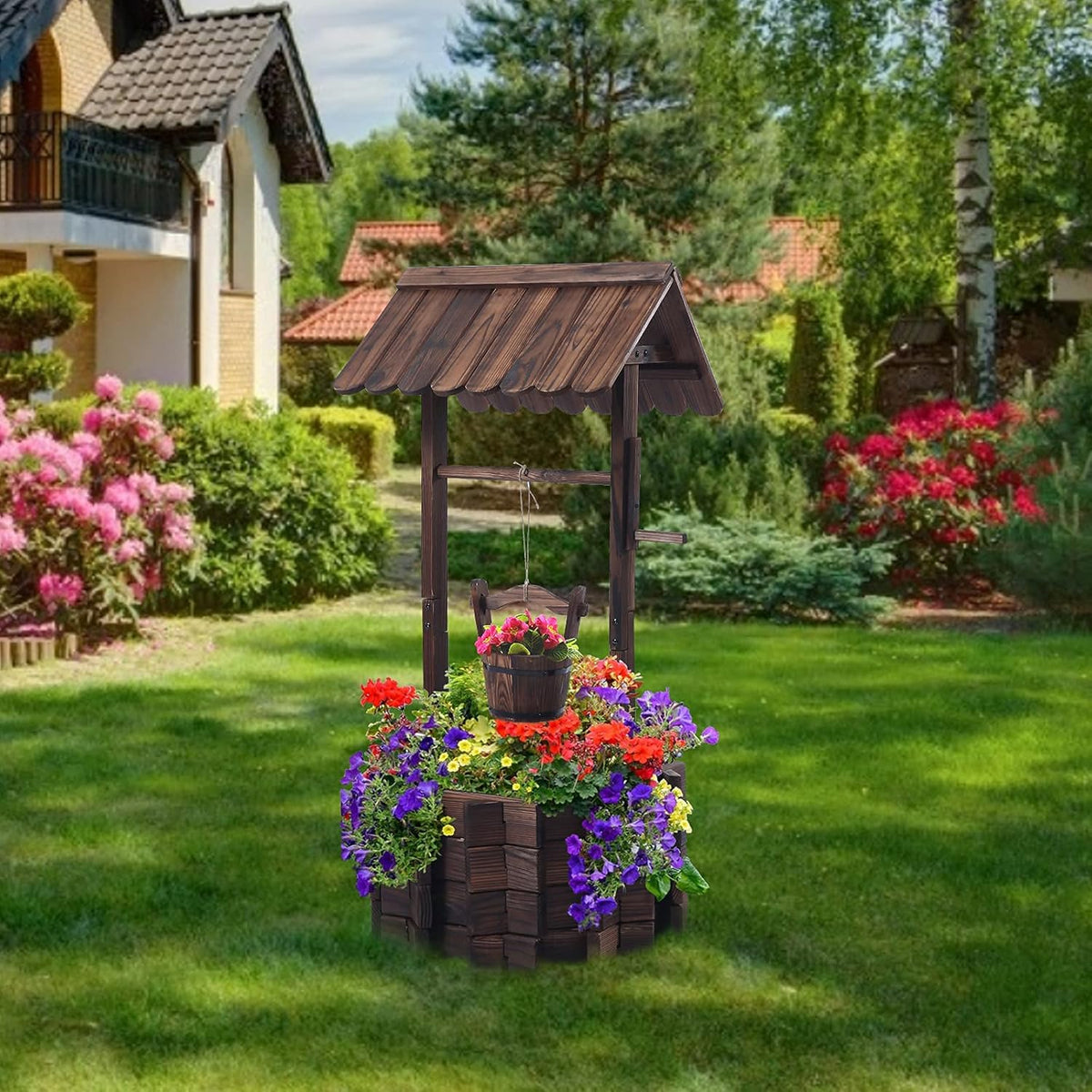 Garden Wooden Decor Rustic Wishing Well Planter Outdoor Home Décor for Patio, Upgrade Wishing Well