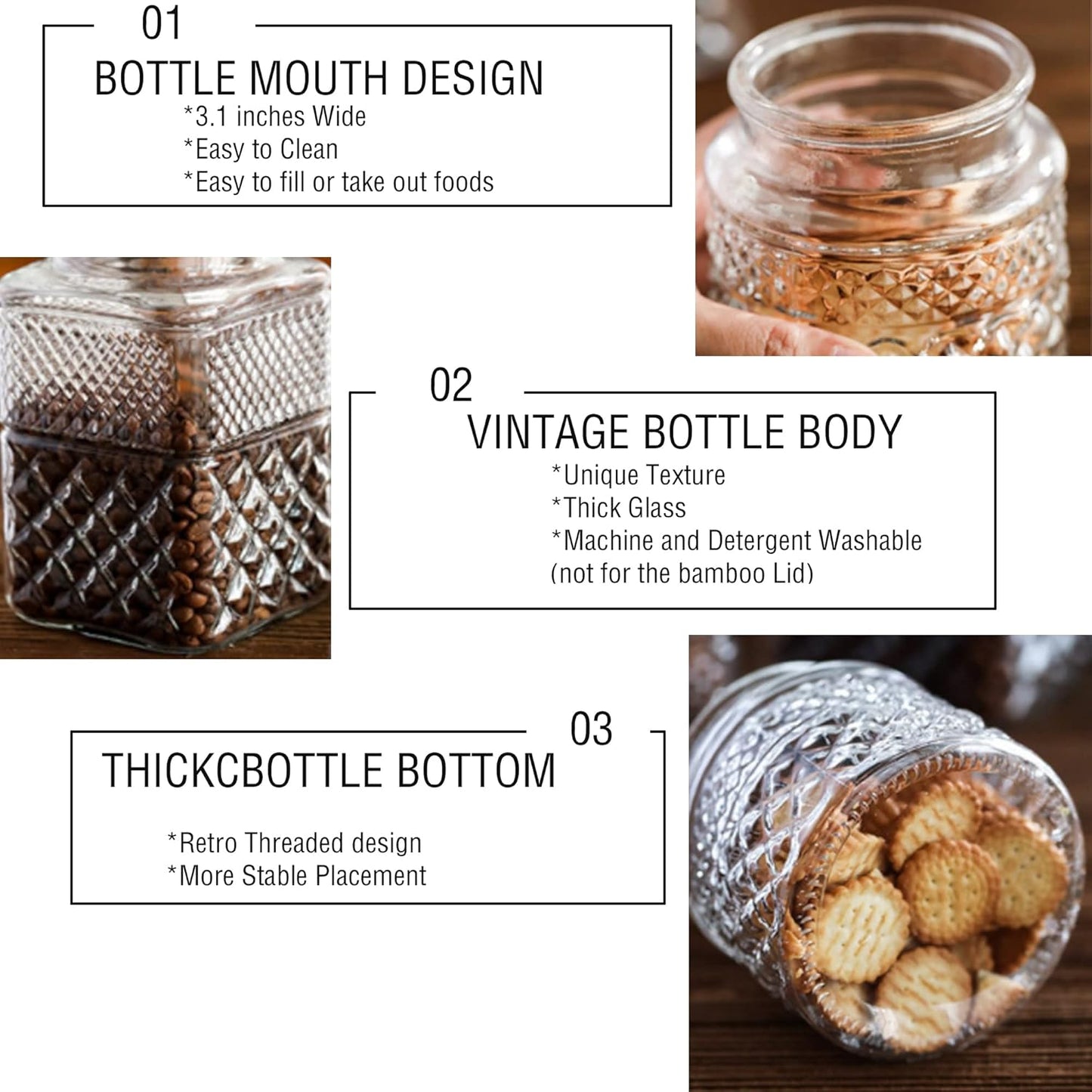 Large Glass Storage Jar, 60 FL OZ Glass Food Storage Containers with Bamboo Lid, Kitchen Containers