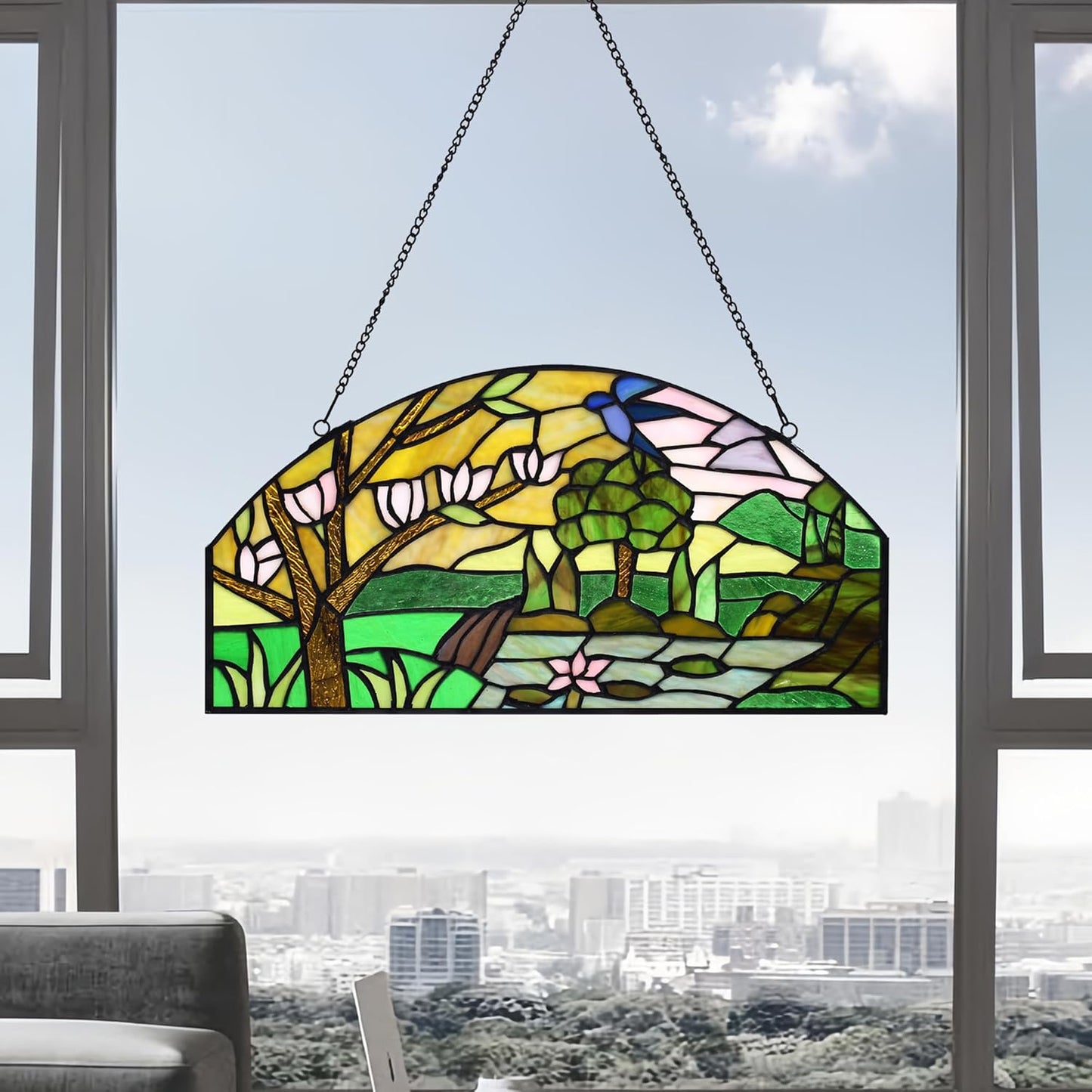 YOURANJU Half Moon Stained Glass Window Hanging Tiffany Style 16" x 8" Half-Round Window Panel