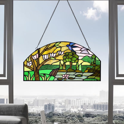 YOURANJU Half Moon Stained Glass Window Hanging Tiffany Style 16" x 8" Half-Round Window Panel