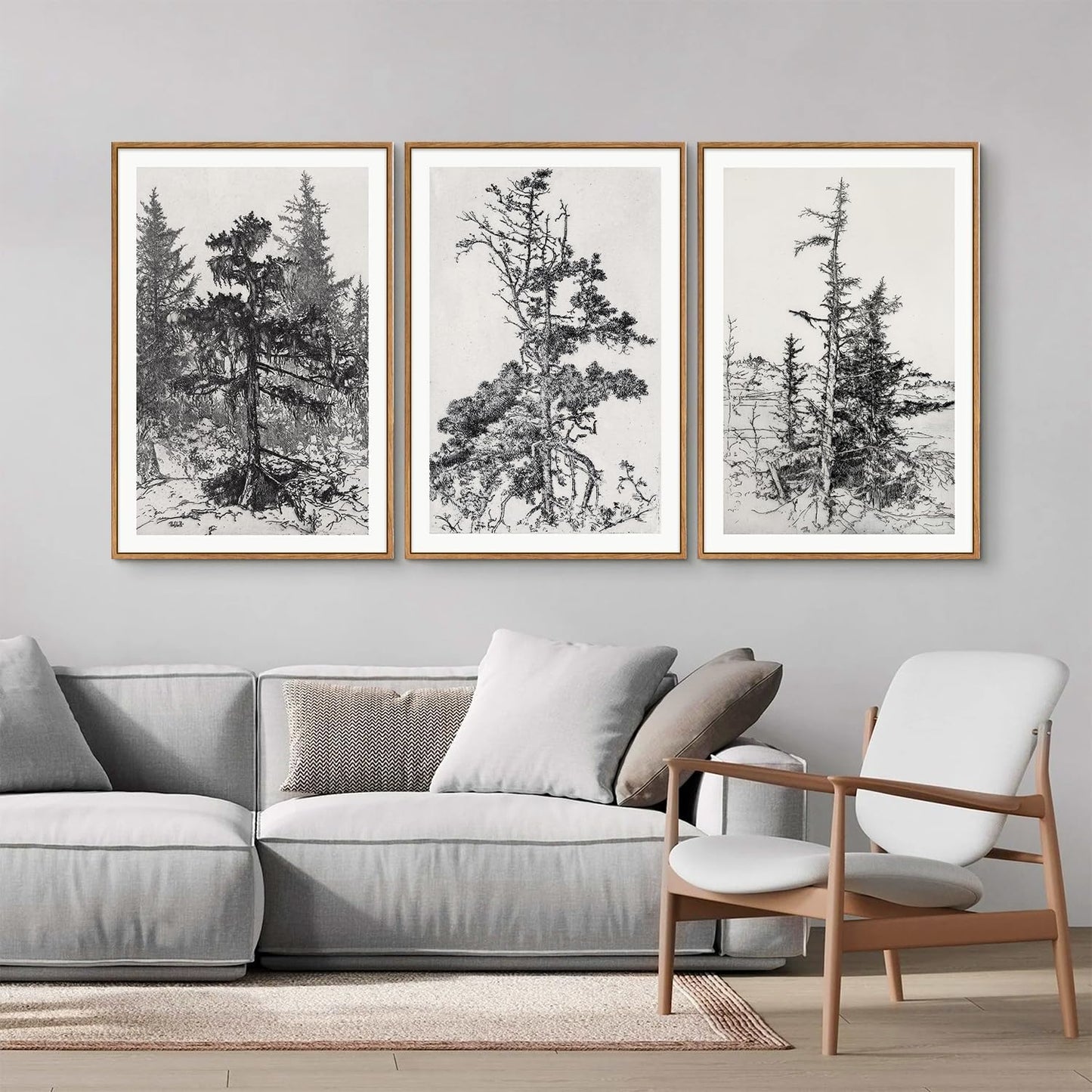 SIGNINART Vintage Tree Framed Wall Art Set , Black and White Antique Sketchbook Forest Painting