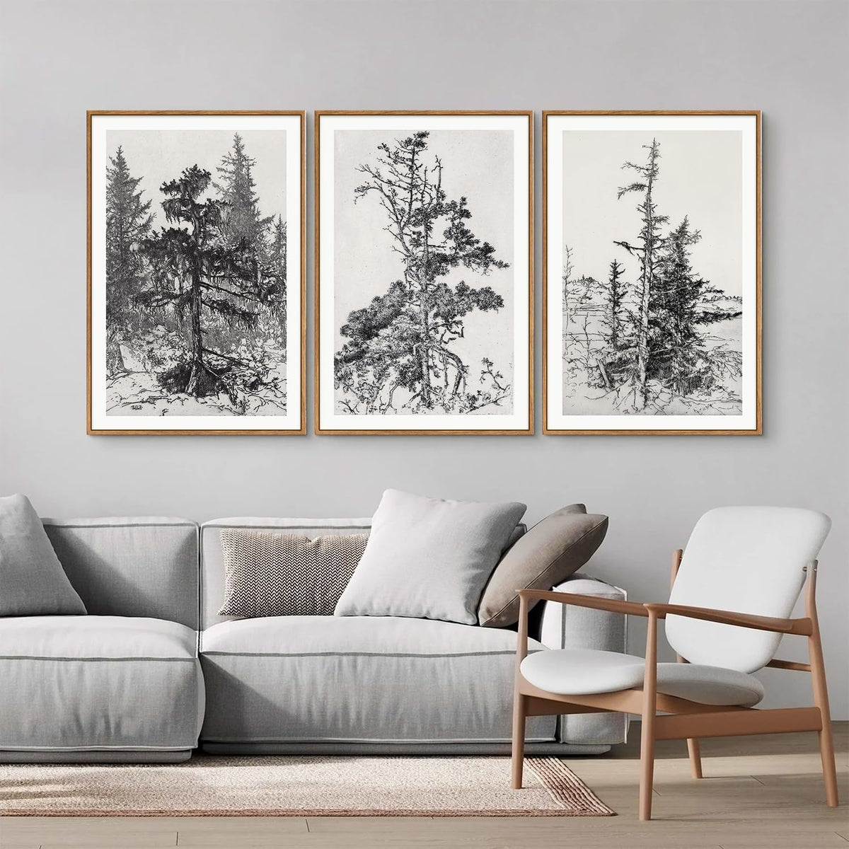 SIGNINART Vintage Tree Framed Wall Art Set , Black and White Antique Sketchbook Forest Painting