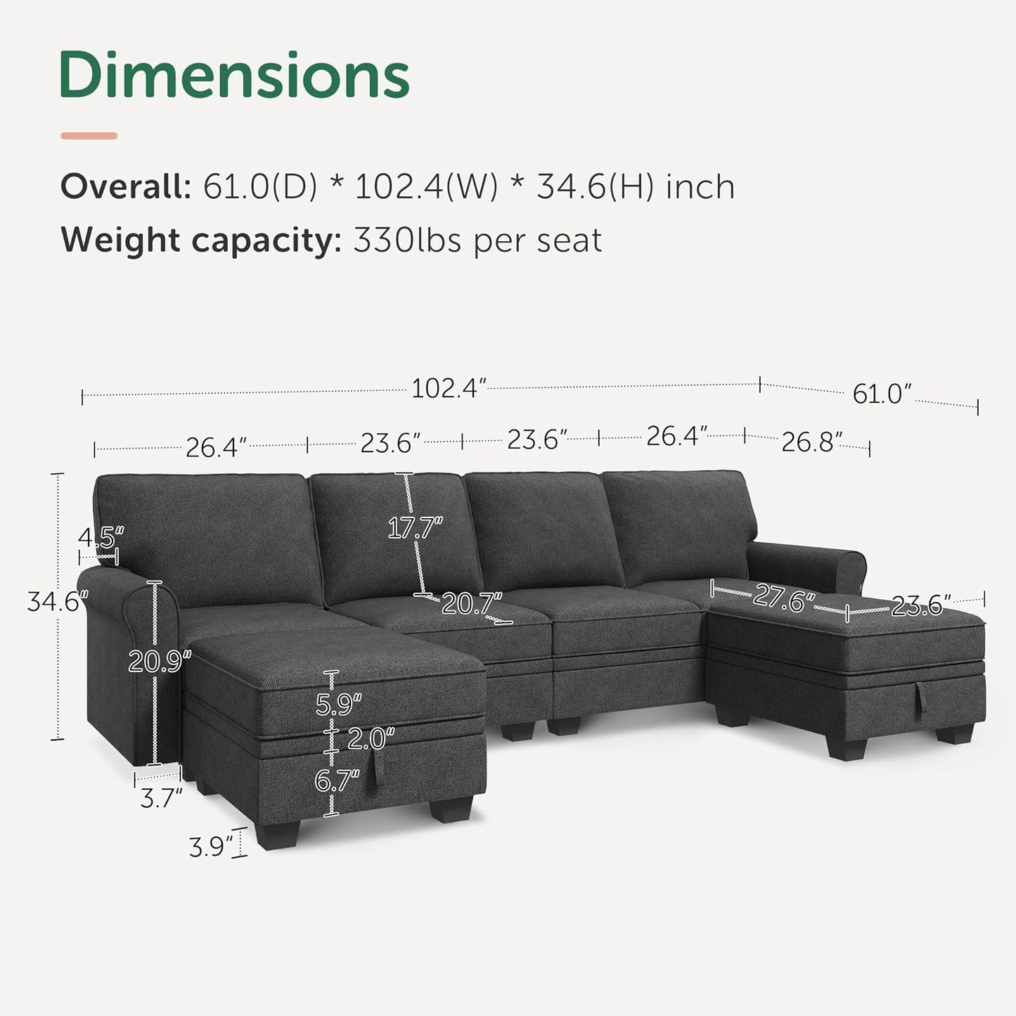 HONBAY Sectional Sofa with Storage Seat U Shaped Couch with Reversible Chaise Convertible Sectional