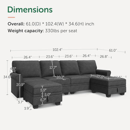 HONBAY Sectional Sofa with Storage Seat U Shaped Couch with Reversible Chaise Convertible Sectional