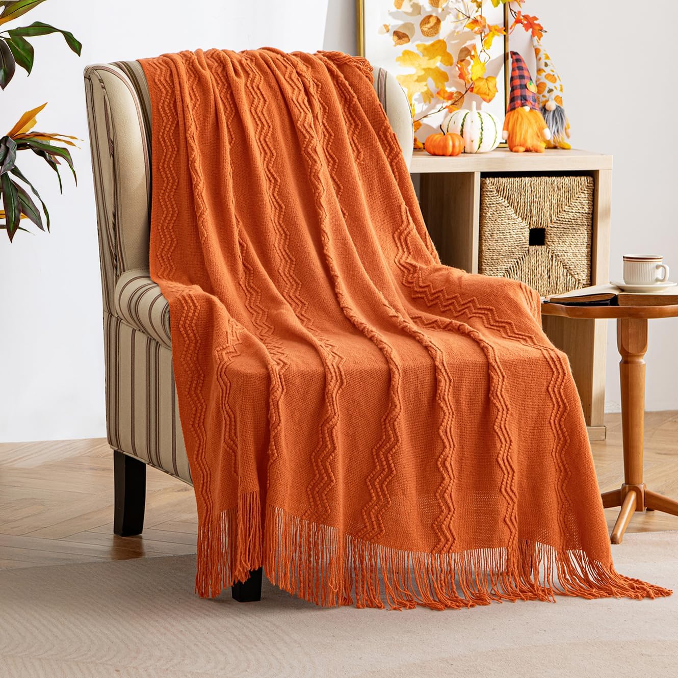 MIULEE Burnt Orange Knitted Throw Blanket for Couch Boho Textured Cozy Woven Blanket with Tassels
