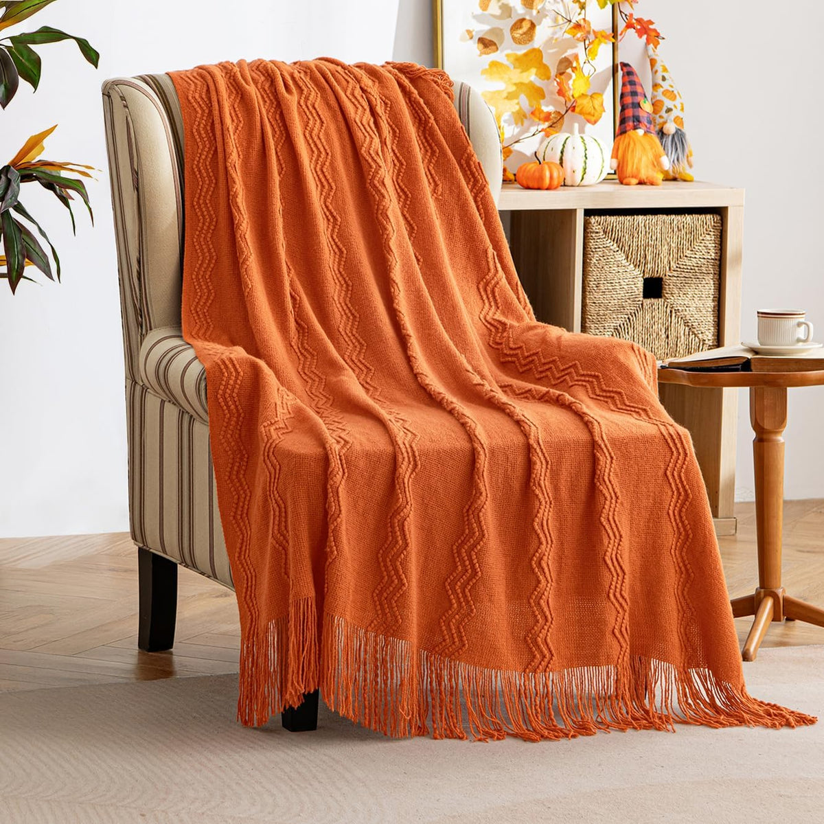 MIULEE Burnt Orange Knitted Throw Blanket for Couch Boho Textured Cozy Woven Blanket with Tassels