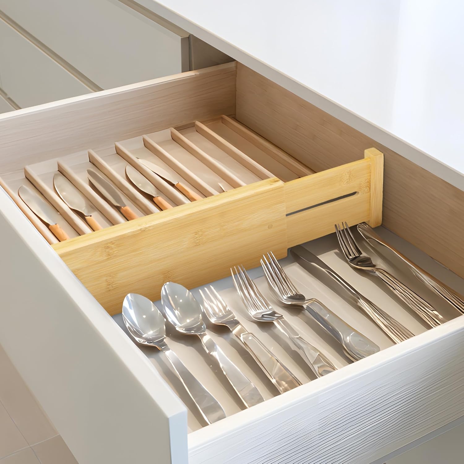 VaeFae 3 Pack Bamboo Drawer Dividers, 4" High Adjustable 16.6" - 21.8" Clothes Drawer Organizers